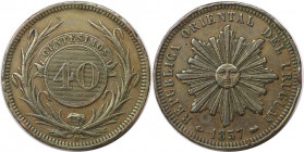 40 Centesimos 1857 D
Weltmünzen und Medaillen, Uruguay. 40 Centesimos 1857 D, Kupfer. KM 10. Fast Vorzüglich
