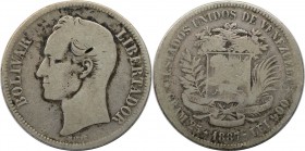 5 Bolívares 1887 
Weltmünzen und Medaillen, Venezuela. Republik seit 1830. 5 Bolívares (Gram.25) 1887, Silber. KM Y#24.1. Schön