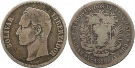 5 Bolívares 1888 
Weltmünzen und Medaillen, Venezuela. Republik seit 1830. 5 Bolívares (Gram.25) 1888, Silber. KM Y#24.1. Schön
