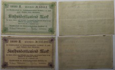 Lot von 2 Banknoten 1923 
Banknoten, Deutschland / Germany, Lots und Sammlungen. Notgeld Stollberg, Inflation. 100 000 Mark, 500 000 Mark. Lot von 2 ...