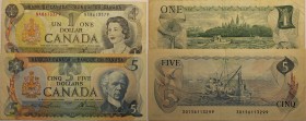 Lot von 2 Banknoten 1973 - 1979 
Banknoten, Kanada / Canada, Lots und Sammlungen. 1 Dollar 1973, Pick:085c, 5 Dollars 1979, Pick:92a, Lot von 2 Bankn...