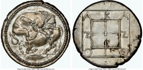 MACEDON. Acanthus. Ca. 470-430 BC. AR tetradrachm (28mm, 17.27 gm, 6h). NGC Choice AU 5/5 - 4/5, Fine Style. Lion springing right, biting into hind qu...