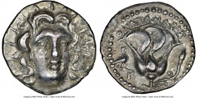 CARIAN ISLANDS. Rhodes. Ca. 205-190 BC. AR didrachm (20mm, 11h). NGC Choice VF. Onasandros, magistrate. Radiate head of Helios facing, turned slightly...