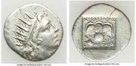 CARIAN ISLANDS. Rhodes. Ca. 88-84 BC. AR drachm (15mm, 2.50 gm, 12h). XF. Plinthophoric standard, Nicephorus, magistrate. Radiate head of Helios right...