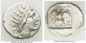 CARIAN ISLANDS. Rhodes. Ca. 88-84 BC. AR drachm (16mm, 2.74 gm, 11h). XF. Plinthophoric standard, Lysimachus, magistrate. Radiate head of Helios right...