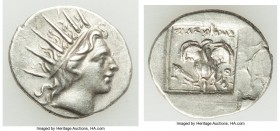 CARIAN ISLANDS. Rhodes. Ca. 88-84 BC. AR drachm (16mm, 2.02 gm, 12h). XF. Plinthophoric standard, Thrasymede(s), magistrate. Radiate head of Helios ri...