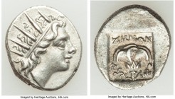 CARIAN ISLANDS. Rhodes. Ca. 88-84 BC. AR drachm (16mm, 2.55 gm, 12h). XF. Plinthophoric standard, Zenon, magistrate. Radiate head of Helios right / ZH...