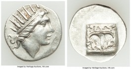 CARIAN ISLANDS. Rhodes. Ca. 88-84 BC. AR drachm (16mm, 2.16 gm, 12h). XF. Plinthophoric standard, Philon, magistrate. Radiate head of Helios right / Φ...