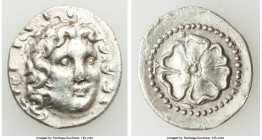 CARIAN ISLANDS. Rhodes. Ca. 84-30 BC. AR drachm (18mm, 3.86 gm, 12h). XF, scuff. Radiate head of Helios facing, turned slightly right, hair parted in ...