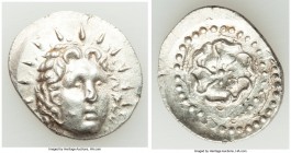 CARIAN ISLANDS. Rhodes. Ca. 84-30 BC. AR drachm (23mm, 4.15 gm, 6h). AU, die shift. Radiate head of Helios facing, turned slightly right, hair parted ...