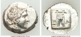 LYCIAN LEAGUE. Masicytes. Ca. 48-20 BC. AR hemidrachm (16mm, 1.84 gm, 1h). AU. Series 1. Laureate head of Apollo right; Λ-Y below / M-A, cithara (lyre...