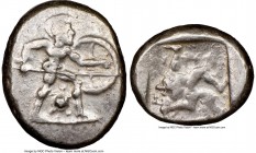 PAMPHYLIA. Aspendus. Ca. mid-5th century BC. AR stater (22mm, 3h). NGC VF. Helmeted nude hoplite warrior advancing right, shield in left hand, spear f...