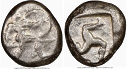 PAMPHYLIA. Aspendus. Ca. mid-5th century BC. AR stater (19mm). NGC Fine. Helmeted nude hoplite advancing right, shield in left hand, spear forward in ...