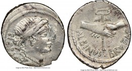 Albinus Bruti f. (ca. 48 BC). AR denarius (19mm, 3.80 gm, 2h). NGC Choice AU 3/5 - 3/5, bankers mark. Rome. PIETAS, head of Pietas right, wearing neck...