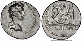 Augustus (27 BC-AD 14). AR denarius (20mm, 7h). NGC XF, bankers mark. Lugdunum, 2 BC-AD 4. CAESAR AVGVSTVS-DIVI F PATER PATRIAE Laureate head of Augus...