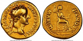 Tiberius (AD 14-37). AV aureus (19mm, 7.57 gm, 7h). NGC Choice Fine 5/5 - 4/5. Lugdunum. TI CAESAR DIVI-AVG F AVGVSTVS, laureate head of Tiberius righ...