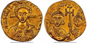 Justinian II Rhinotmetus, second reign (AD 705-711). AV solidus (20mm, 4.44 gm, 6h). NGC MS 4/5 - 4/5. Constantinople, AD 709-711. d N IhS ChS RЄX-RЄG...