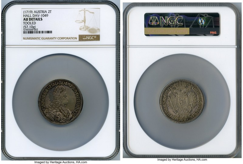 Karl VI 2 Taler 1719 AU Details (Tooled) NGC, Hall mint, KM1595, Dav-1049. 57.10...