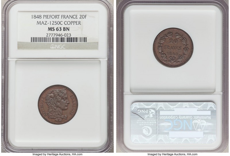 Republic copper Piefort 20 Francs 1848 MS63 Brown NGC, Maz-1250c. 

HID098012420...