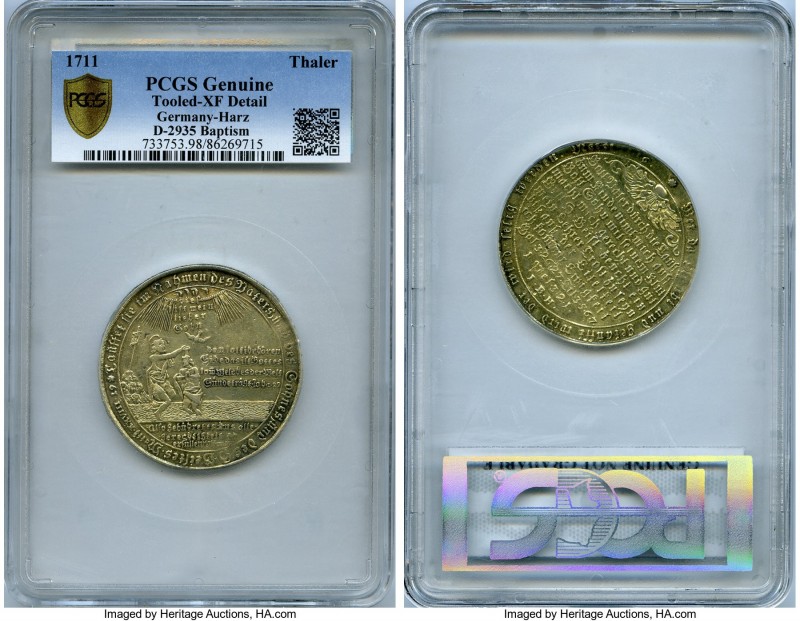 Harz. Baptismal Medallic Taler 1711 XF Details (Tooled) PCGS, Dav-LS2935. 

HID0...