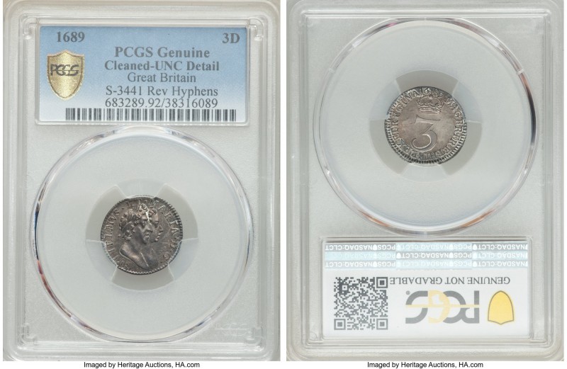 William & Mary 3 Pence 1689 UNC (Cleaned) PCGS, S-3441. Reverse hyphen stops var...