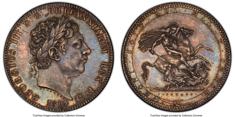 George III Crown 1819-LIX AU58 PCGS, KM675, S-3787.Gray-blue toning with gold hi...