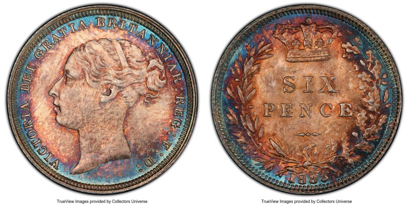 Victoria 6 Pence 1885 MS65 PCGS, KM757, S-3912. Luminescent teal peripheral toni...