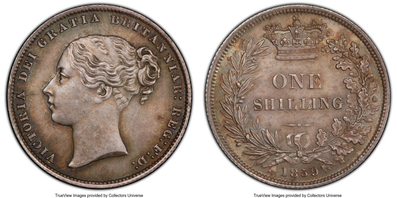 Victoria Shilling 1859 MS63 PCGS, KM734.1, S-3904. Satin surfaces in muted gold ...