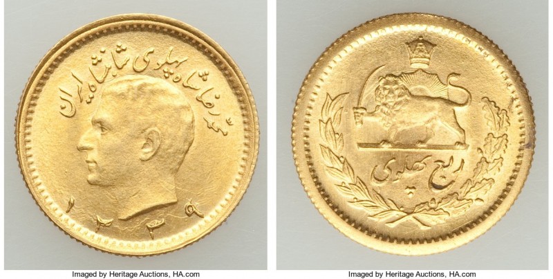 Muhammad Reza Pahlavi gold 1/4 Pahlavi SH 1339 (1960) UNC, KM1160a. 16.2mm. 2.01...