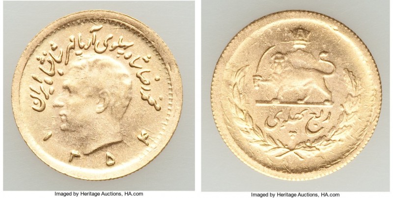 Muhammad Reza Pahlavi gold 1/4 Pahlavi SH 1354 (1975) UNC (Cleaned), KM1198. 16....