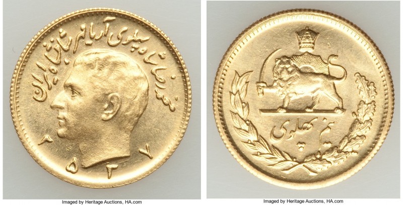 Muhammad Reza Pahlavi gold 1/2 Pahlavi MS 2537 (1978) UNC, KM1199. 19.3mm. 4.08g...