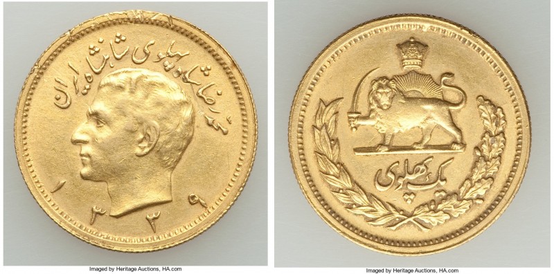 Muhammad Reza Pahlavi gold Pahlavi SH 1339 (1960) XF (Scratches), KM1162. 22.3mm...