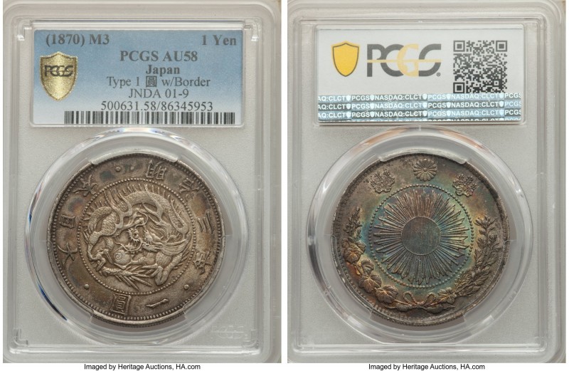 Meiji Yen Year 3 (1870) AU58 PCGS, KM-Y5.1, JNDA 01-9. Type I. First year of iss...