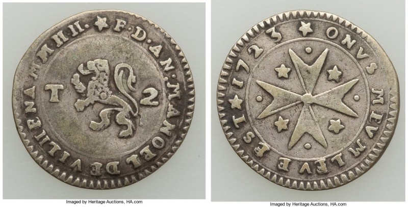 Antonio Manuel de Vilhena 2 Tari 1723 VF, KM178. 19.6mm. 2.23gm. Rampant lion / ...