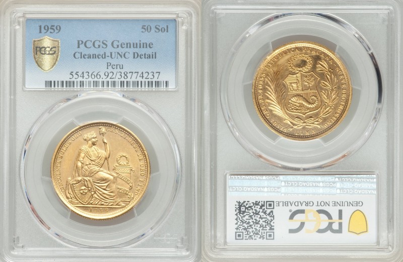 Republic gold 50 Soles 1959 UNC Details (Cleaned) PCGS, Lima mint, KM230. Mintag...