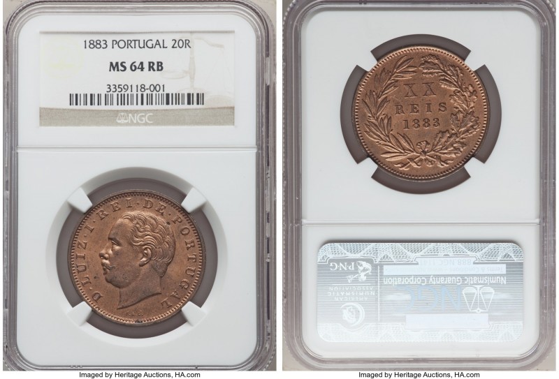 Luiz I 20 Reis 1883 MS64 Red and Brown NGC, KM527. Satin surfaces with subdued l...