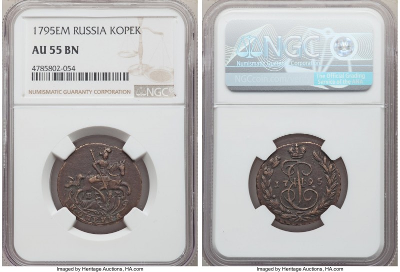 Catherine II Kopeck 1795-EM AU55 Brown NGC, Ekaterinburg mint, KM-C57.2.

HID098...