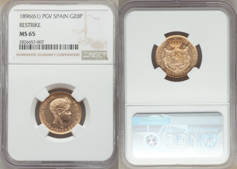Alfonso XIII gold Restrike 20 Pesetas 1896(61) PG-V MS65 NGC, Madrid mint, KM709...