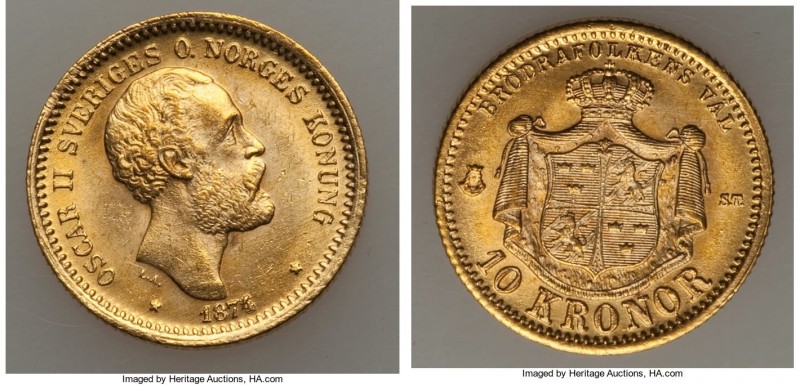 Oscar II gold 10 Kronor 1874/3-ST UNC, Stockholm mint, KM732. 18.1mm. 4.49gm. A ...