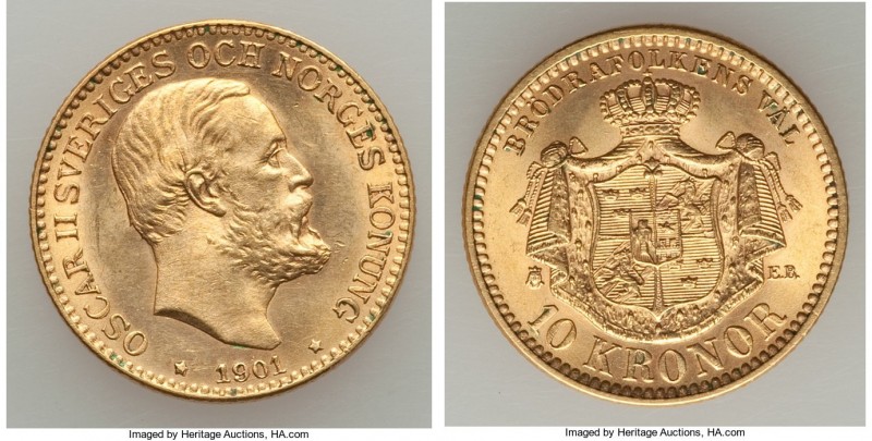 Oscar II gold 10 Kronor 1901-EB UNC, Stockholm mint, KM767.17.9mm. 4.48gm. One y...