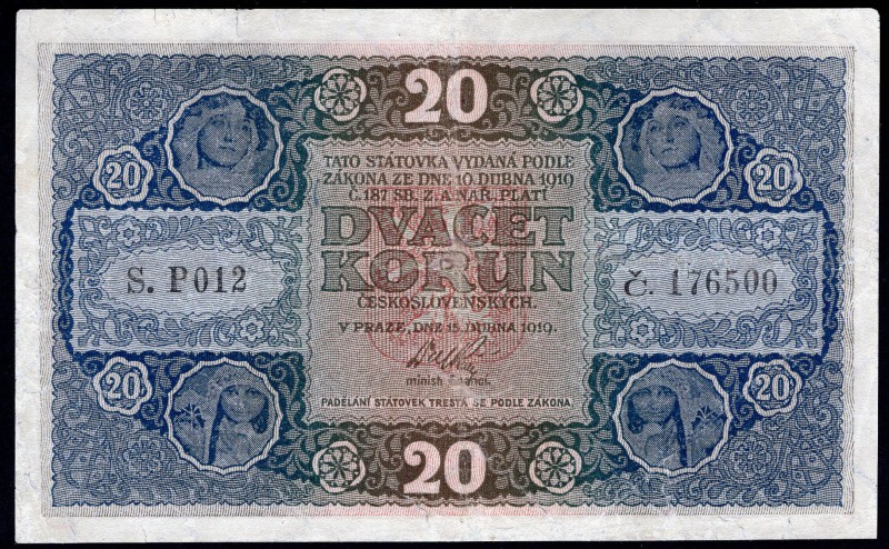 Czechoslovakia 20 Korun 1919 Serie P
P# 9a; Serie P 012; # 176500; VF