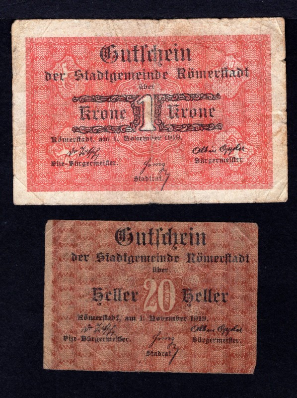 Czechoslovakia Romerstadt Lot of 2 Notes 1919 
20 Haliru; 1 Krona; F