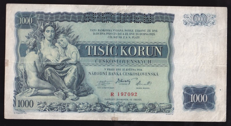Czechoslovakia 1000 Korun 1934 Specimen
P# 26s, R197092