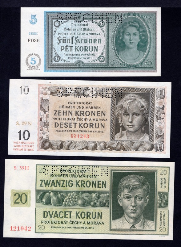 Bohemia & Moravia Lot of 3 Banknotes 1940 - 1944 Specimen
5 10 20 Korun 1940 - ...
