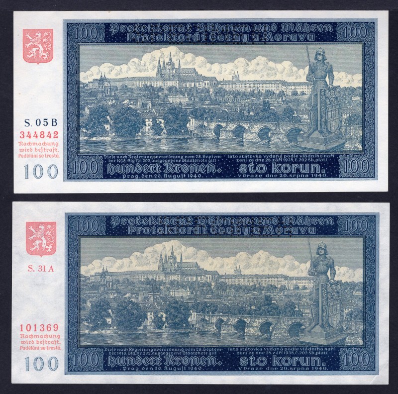 Bohemia & Moravia Lot of 2 Banknotes 1940 Specimen
100 Korun 1940; Different Se...