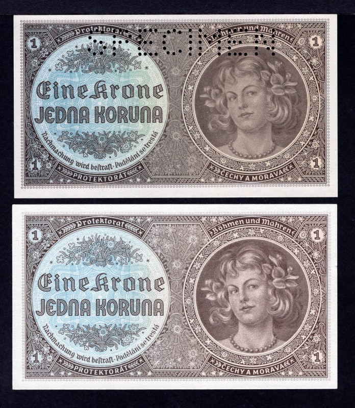 Bohemia & Moravia Lot of 2 Banknotes 1940 
1 Koruna 1940; P# 3a,s; Common and S...