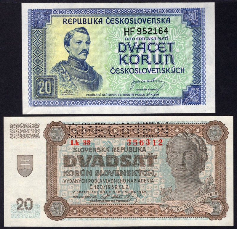 Czechoslovakia & Slovakia Lot of 2 Banknotes 1942 -1945
20 Korun 1942 - 1945; U...