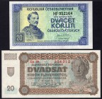 Czechoslovakia & Slovakia Lot of 2 Banknotes 1942 -1945
20 Korun 1942 - 1945; UNC