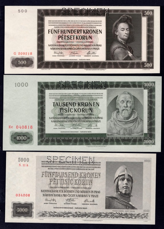 Bohemia & Moravia Lot of 3 Banknotes 1942 - 1944 Specimen
500 1000 5000 Korun 1...
