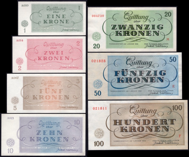 Czechoslovakia Terezin Ghetto Set of 7 Banknotes 1943 
Complete Denomination Se...